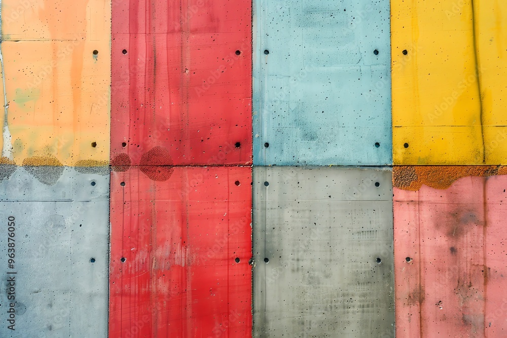 A vibrant and colorful concrete wall with distinct panels showcasing red, blue, yellow, and grey shades. A vibrant and colorful concrete wall with distinct panels showcasing red, blue, yellow, and grey shades.