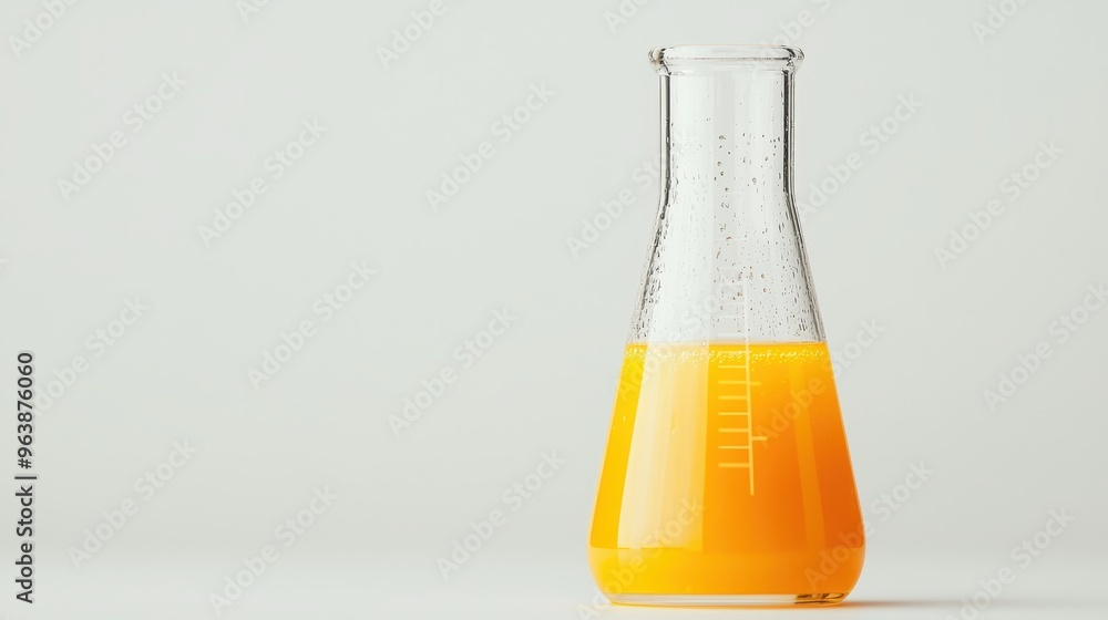 Orange Liquid in Glass Erlenmeyer Flask on White Background Orange Liquid in Glass Erlenmeyer Flask on White Background
