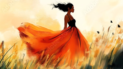 Silhouette of a woman in a flowing red dress with her hair blowing in the wind in a field of tall grass.