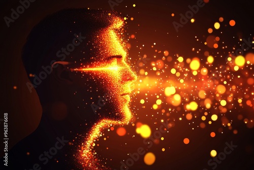 Neurogenesis fractal patterns and entropic brain silhouetted profile of a head with glowing particles flowing from the face symbolizing the release of creative energy photo