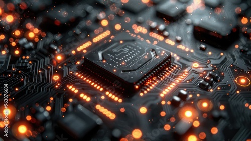 Abstract picture of chip on complex circuit with digital technology style design and the electric parts graphic show high tech system represent about processor algorithm process on computer. AIG53.