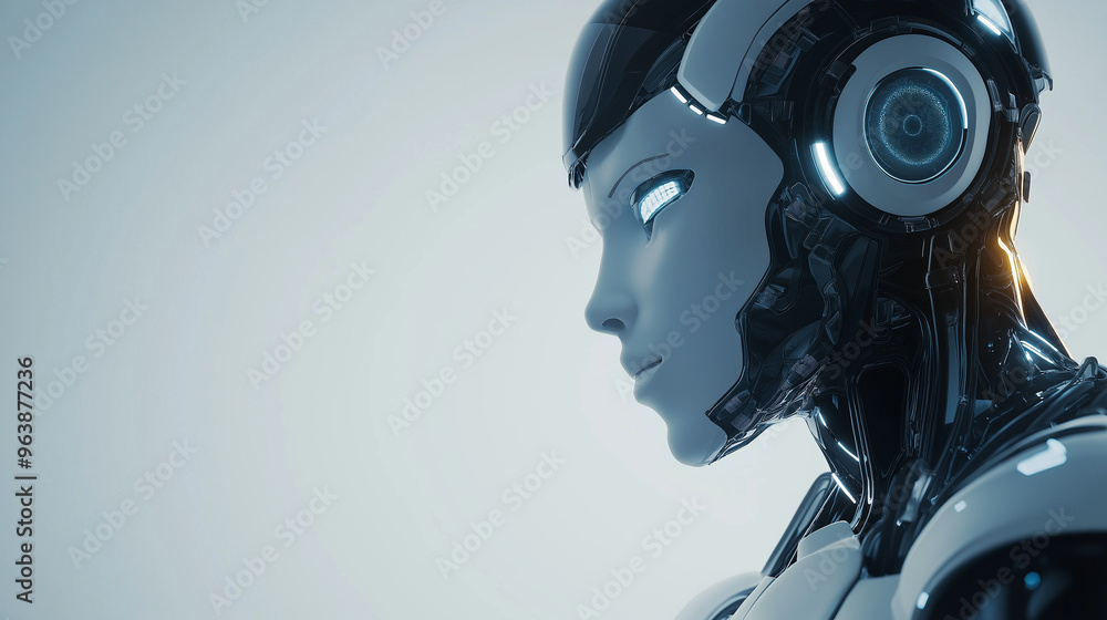 A sleek humanoid robot stands in profile, showcasing intricate details and glowing elements, embodying advanced technology and design in a futuristic setting, copy space, AI concept A sleek humanoid robot stands in profile, showcasing intricate details and glowing elements, embodying advanced technology and design in a futuristic setting, copy space, AI concept