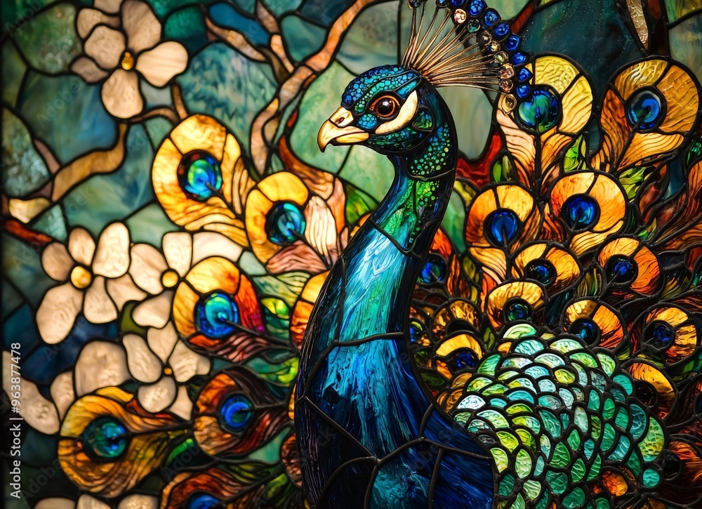 a beautiful peacock in bloom - fine stained glass design a beautiful peacock in bloom - fine stained glass design
