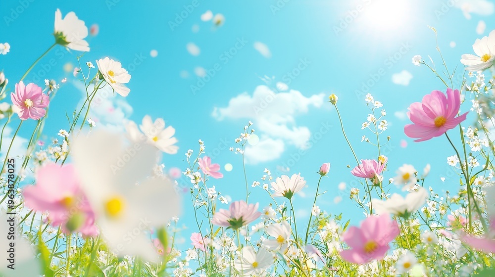 Beautiful Pink and White Cosmos Flowers in a Field with a Blue Sky Beautiful Pink and White Cosmos Flowers in a Field with a Blue Sky