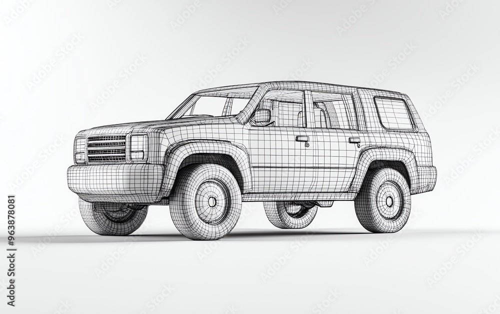 Fototapeta premium 3D wireframe model of a modern SUV on a clean background, representing design and engineering in automotive technology.