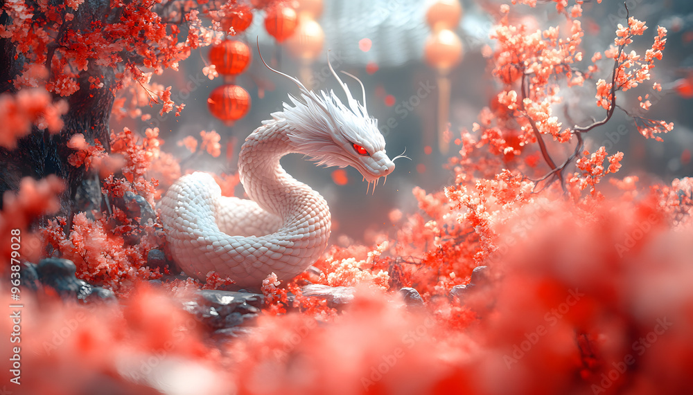 “White Snake Surrounded by Red Clouds with Lanterns and a Moonlit Sky”
“White Snake Surrounded by Red Clouds with Lanterns and a Moonlit Sky”