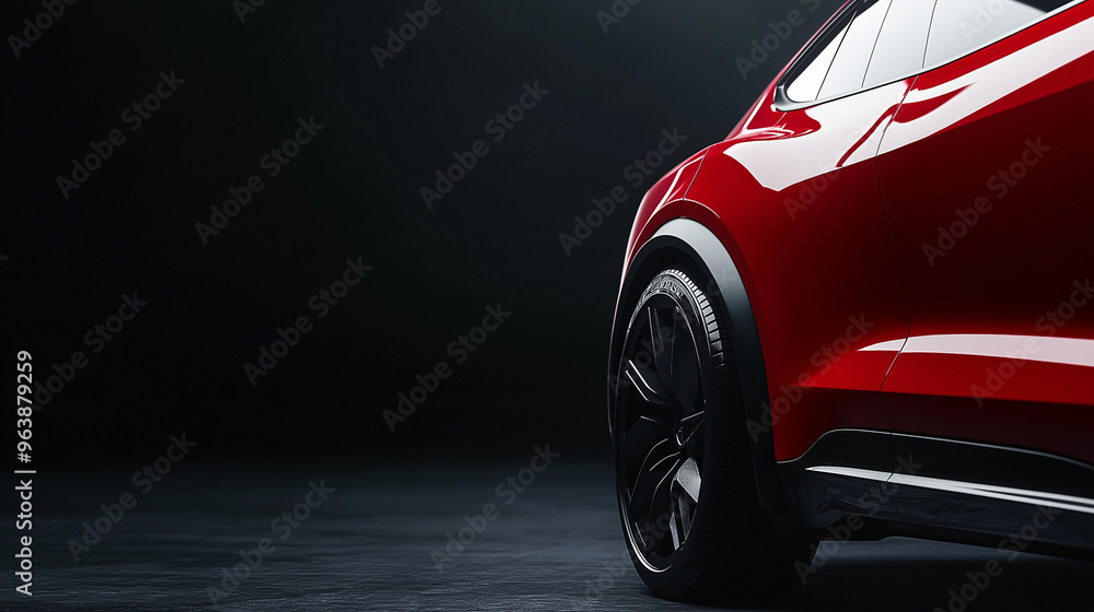 The elegant red vehicle is positioned in a dimly lit studio, showcasing its curves and design while casting soft shadows on the ground, copy space, background The elegant red vehicle is positioned in a dimly lit studio, showcasing its curves and design while casting soft shadows on the ground, copy space, background