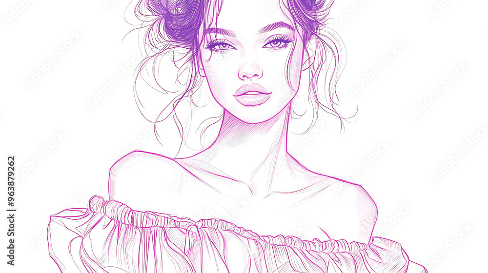 A line drawing of a woman with her hair in messy buns, looking directly at the camera.