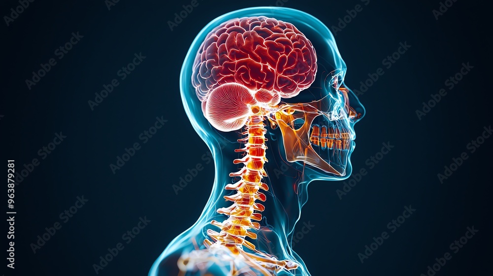 Detailed illustration of a human brain and spinal cord, showcasing anatomical structures in a visually striking manner. Detailed illustration of a human brain and spinal cord, showcasing anatomical structures in a visually striking manner.