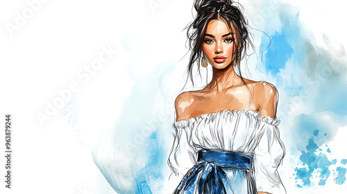 Fototapeta Watercolor illustration of a beautiful woman with dark hair and a white off-the-shoulder dress.