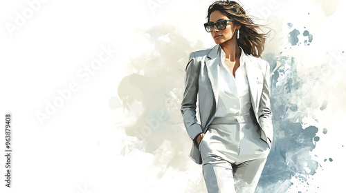 A woman wearing a white pantsuit and sunglasses stands confidently against a watercolor background.