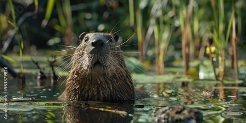 Close-up depiction of a nutria in a marshy habitat, highlighting this aquatic rodent commonly referred to as coypu or river rat. photo