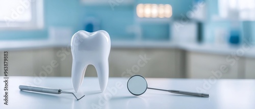 A close-up of a dental model with tools in a bright clinic, symbolizing oral health and hygiene practices for patients. photo