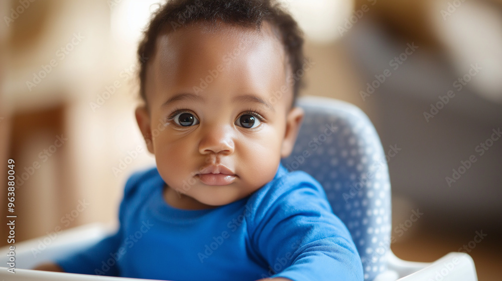 An African American baby in a blue outfit sits in a high chair, observing the surroundings with curious eyes in a warm, inviting space, baby getting ready to eat, concept of complementary feeding An African American baby in a blue outfit sits in a high chair, observing the surroundings with curious eyes in a warm, inviting space, baby getting ready to eat, concept of complementary feeding