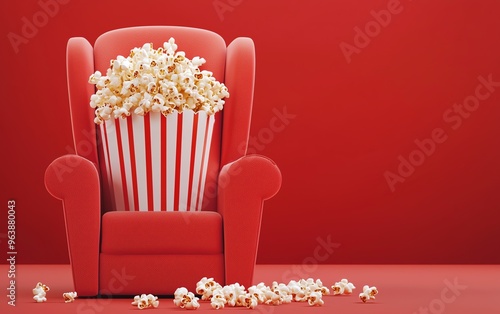 A vibrant red armchair filled with popcorn, perfect for a cozy movie night. Ideal for entertainment or snack-themed visuals. photo