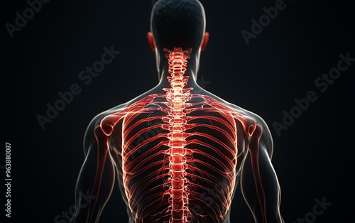 A detailed illustration of the human spine and ribcage, showcasing the intricate structure of the skeletal system. photo