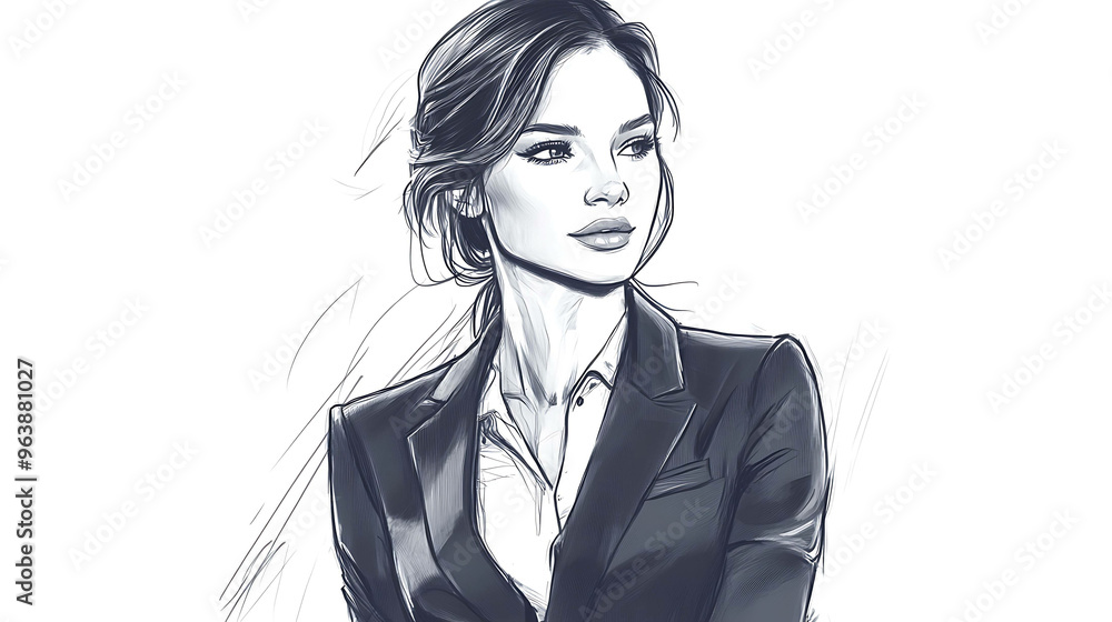 A black and white illustration of a stylish woman with her hair pulled back, wearing a blazer, looking to the side. A black and white illustration of a stylish woman with her hair pulled back, wearing a blazer, looking to the side.