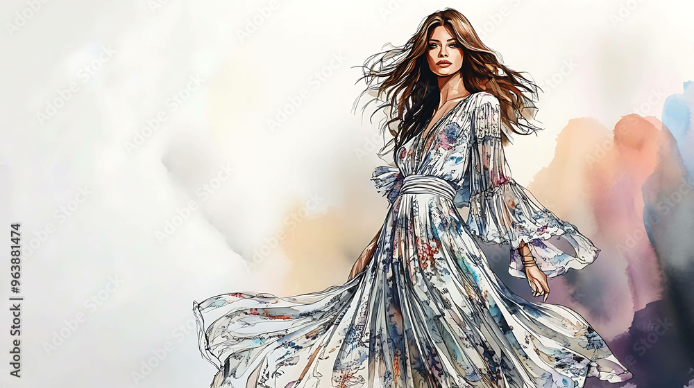 Fashion illustration of a woman wearing a flowing floral dress. Fashion illustration of a woman wearing a flowing floral dress.
