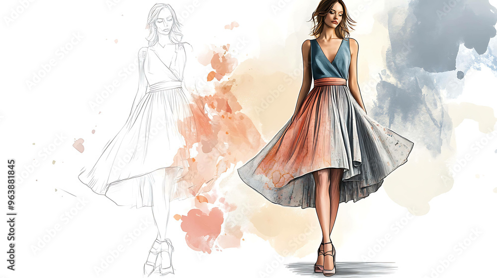 Obraz premium Fashion illustration of a woman in a blue and pink dress, showing the design process.