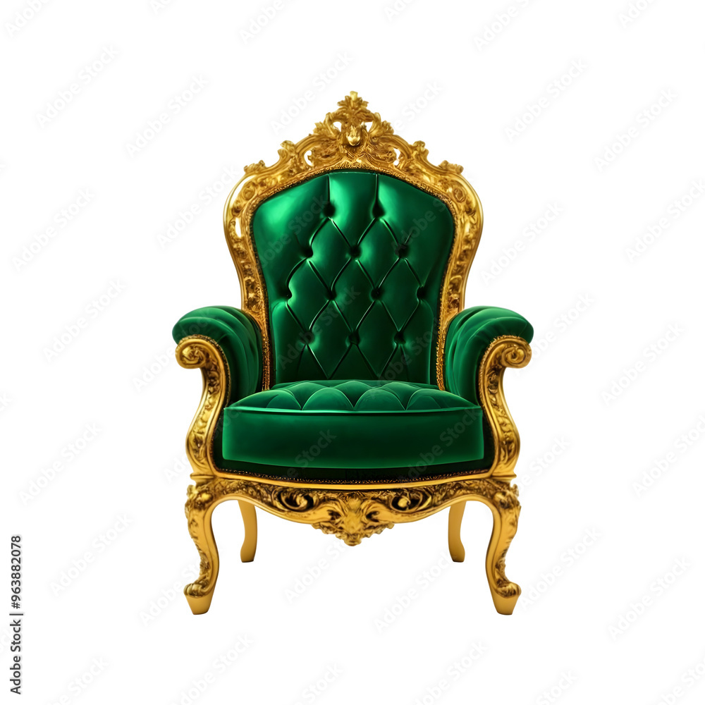 Isolated Emerald and gold throne chair on a transparent background PNG, 3D chair PNG, Cut out chair Isolated Emerald and gold throne chair on a transparent background PNG, 3D chair PNG, Cut out chair