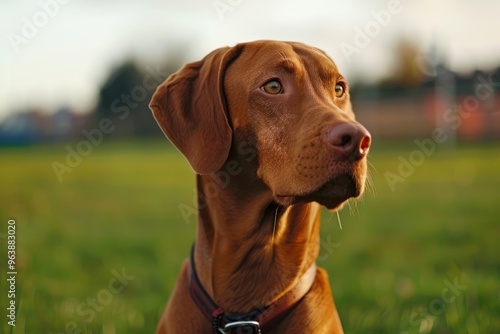 Portrait of a Vizsla with blurred sports field background, copy space, cinematic