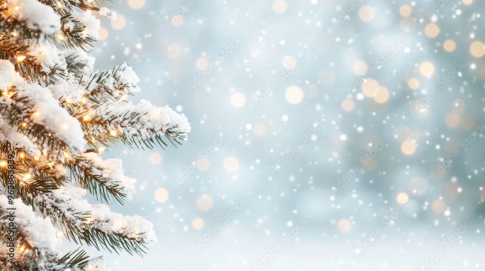 A festive horizontal design of a snow-covered pine tree with sparkling lights, against a blurred winter landscape A festive horizontal design of a snow-covered pine tree with sparkling lights, against a blurred winter landscape