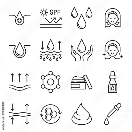 Skin care line icons set. Moisture cream, acid, anti wrinkle serum, ceramide, collagen, retinol compound, sunscreen vector illustration. Outline signs for skincare products property. Editable Stroke