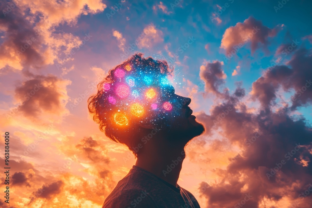 Hippocampal function prefrontal modulation and quantum brain dynamics silhouette of a man with colorful particles and abstract lights symbolizing creativity and inspiration Hippocampal function prefrontal modulation and quantum brain dynamics silhouette of a man with colorful particles and abstract lights symbolizing creativity and inspiration