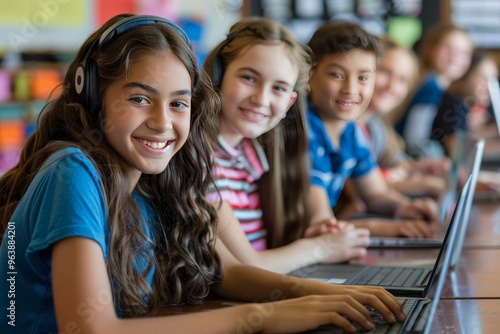 Joyful high school students engaged in e learning together using laptops in the classroom