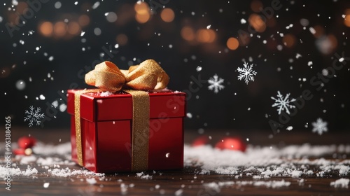 A horizontal Christmas card design featuring a shiny red gift box with a gold ribbon, surrounded by snowflakes and a dark, blurred background photo