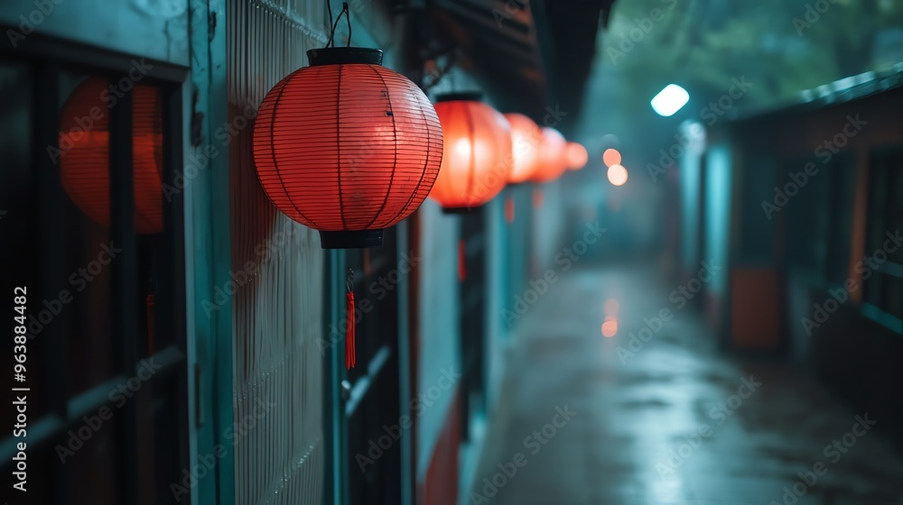 Serene atmosphere with red lanterns illuminating a quiet, misty alleyway, evoking a sense of mystery and calm. Serene atmosphere with red lanterns illuminating a quiet, misty alleyway, evoking a sense of mystery and calm.