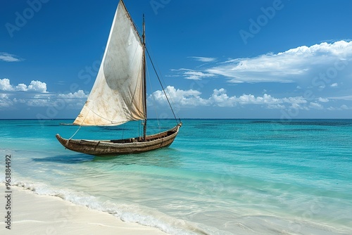 A small boat is floating in the ocean near the shore