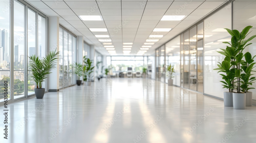 Modern Office Corridor with Plants and City View Modern Office Corridor with Plants and City View