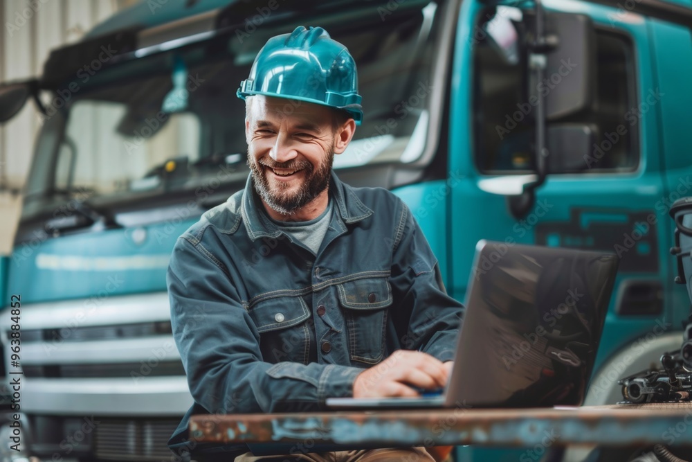 Cheerful mechanic engaged with laptop while working in a truck repair workshop setting Cheerful mechanic engaged with laptop while working in a truck repair workshop setting