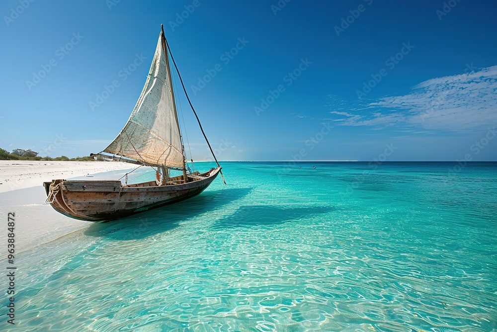A small boat is floating in the ocean near a beach A small boat is floating in the ocean near a beach