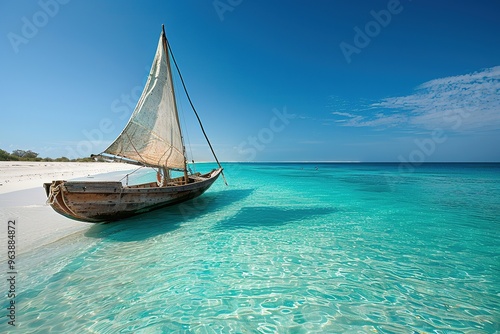 Fototapeta Naklejka Na Ścianę i Meble -  A small boat is floating in the ocean near a beach