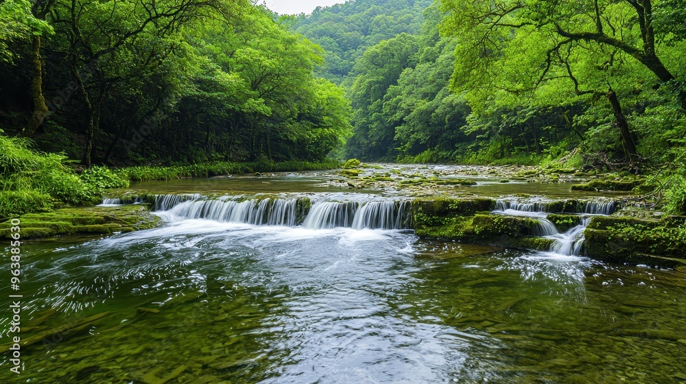 Tranquil Forest Stream with Waterfall and Green Lush Foliage