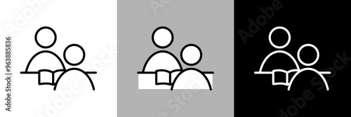 個別指導や面接、面談をするイラスト。シンプルな線画のベクターアイコン。