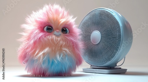 3d funny colorful yeti cartoon character stands opposite the fan an3d resists the win3d resistance concept funny furry toy hairy monster clip art isolate3d on white background