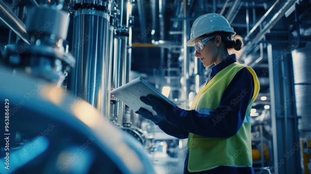 Engineers working in a large-scale hydrogen plant, monitoring energy output and efficiency Engineers working in a large-scale hydrogen plant, monitoring energy output and efficiency
