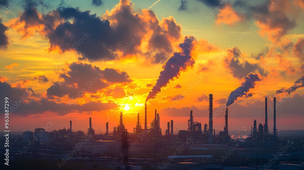 A sunset over a city with many factories and smoke coming out of them. The sky is orange and the sun is setting A sunset over a city with many factories and smoke coming out of them. The sky is orange and the sun is setting