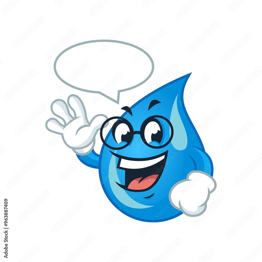 Cartoon water drop character wearing glasses and waving, with speech bubble for your message. Cartoon water drop character wearing glasses and waving, with speech bubble for your message.
