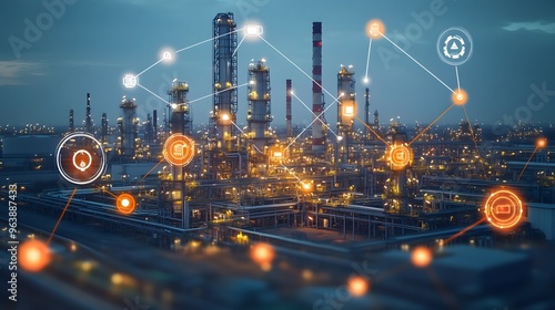 A network of lights is displayed over a large industrial plant. The lights are connected to each other and to the plant, creating a sense of interconnectedness and energy photo