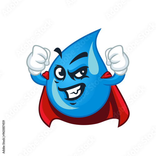 Cartoon water drop superhero mascot character with blue cape and strong muscles.