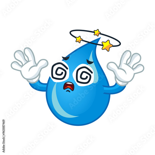 Dizzy cartoon water drop with swirling eyes. Perfect for water conservation.