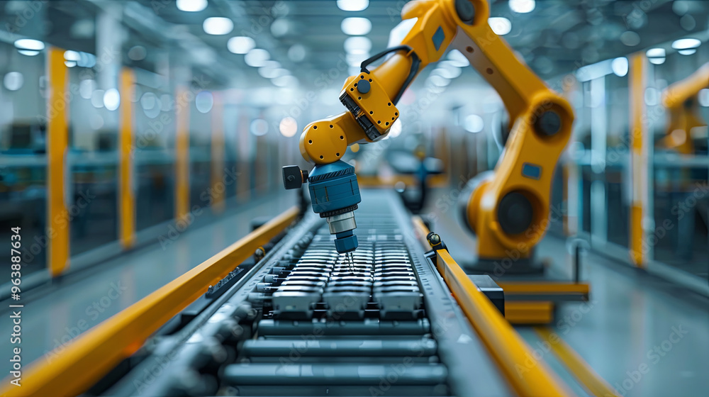 Obraz premium robotic arm meticulously assembling components on a spotless factory floor, symbolizing the cutting-edge role of advanced robotics in modern manufacturing
