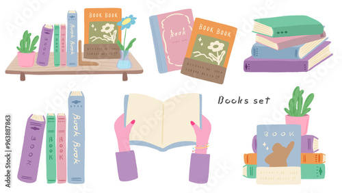 Set of books, cute hand drawn illustrations of bookshelves, stacks of books and hands with nails holding books / 本のセット、本棚や積み重なった本、ネイルをした手で本を持つ、かわいい手描きのイラスト