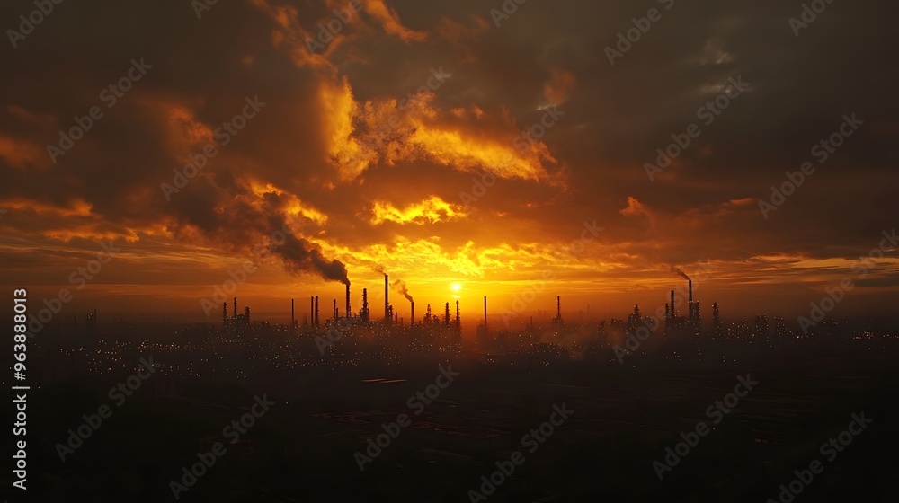 Fototapeta premium A sunset over a city with many factories and smoke coming out of them. The sky is orange and the sun is setting