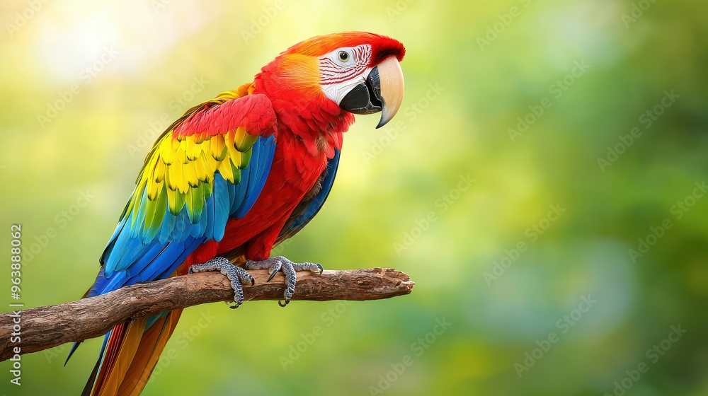 Colorful Scarlet Macaw Parrot Perched on Branch in Tropical Rainforest Colorful Scarlet Macaw Parrot Perched on Branch in Tropical Rainforest
