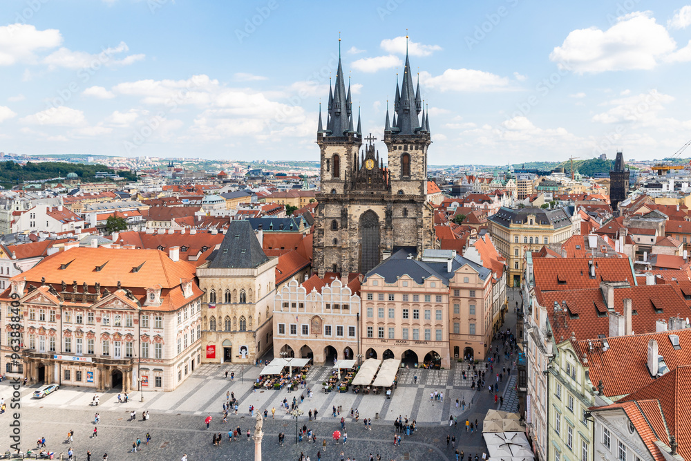 Obraz premium View of the Church of Our Lady before Tyn from the observation platform of the Old Town Hall in old part of Prague in Czech Republic